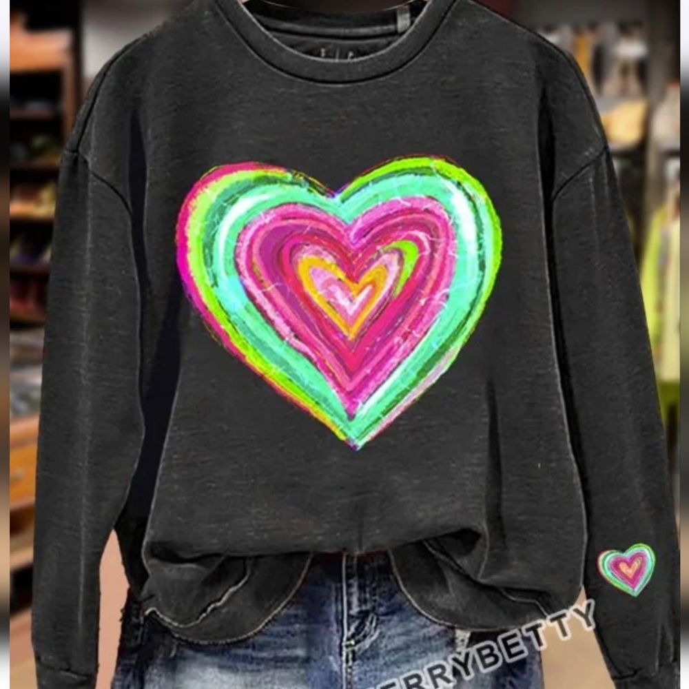 "Cherry Boutique" Black Sweatshirt w/ Multi-Color Heart Graphic On Chest & Well